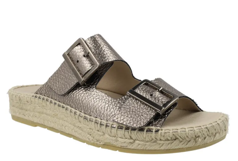 Sandalias de piel metalizada con doble hebilla y piso de esparto