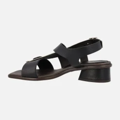 Sandalias de piel negras con tira en platino y cierre de hebilla