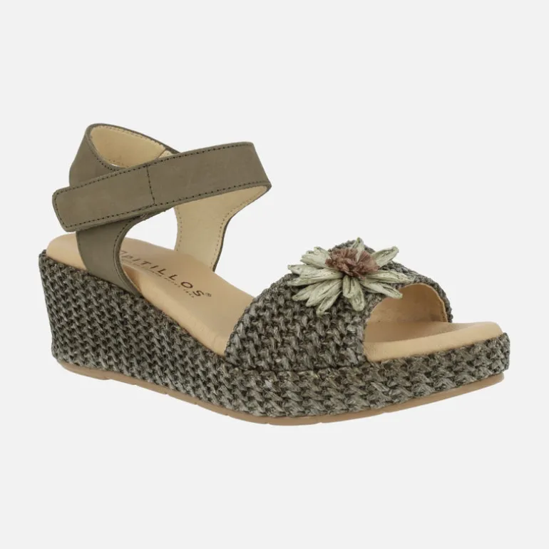 Sandalias de rafia con adorno de flor y cierre de velcro