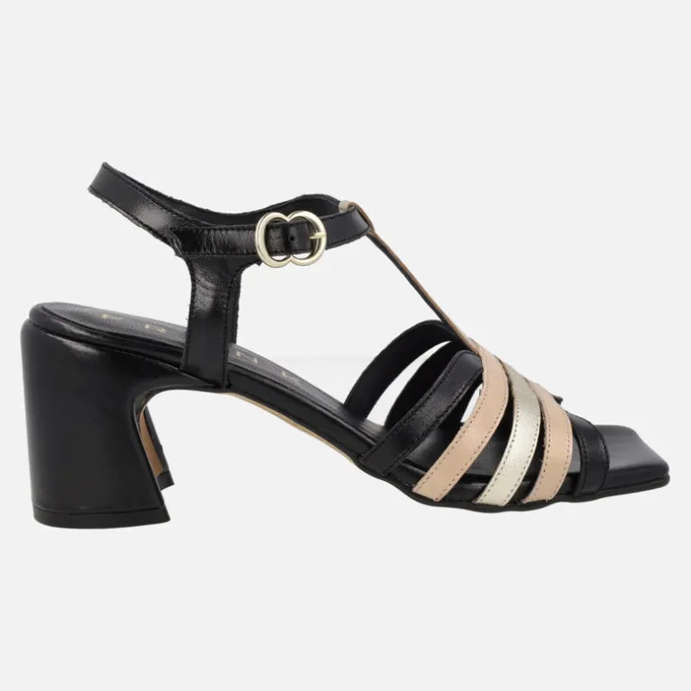 Sandalias de tacón con tiras combinadas de piel en colores