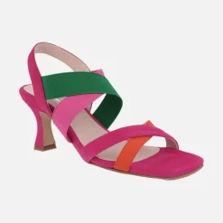 Sandalias de tacón con tiras multimaterial en combinado fucsia