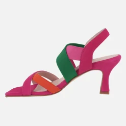 Sandalias de tacón con tiras multimaterial en combinado fucsia