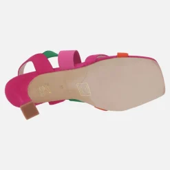 Sandalias de tacón con tiras multimaterial en combinado fucsia