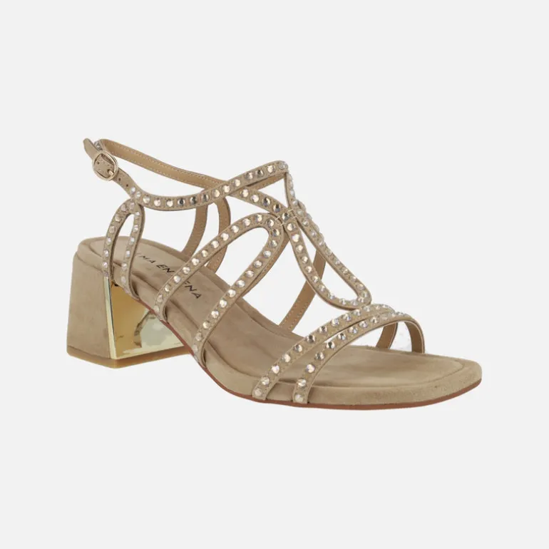 Sandalias de tacón en ante beige con detalles de strass