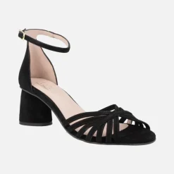 SANDALIAS DE TACÓN en ante negro PADMA CON PULSERA AL TOBILLO