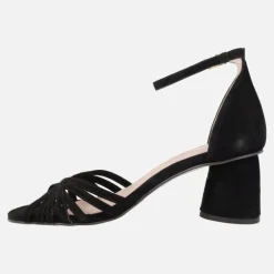 SANDALIAS DE TACÓN en ante negro PADMA CON PULSERA AL TOBILLO