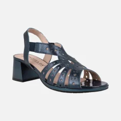 Sandalias de tacón en piel metalizada azul marino