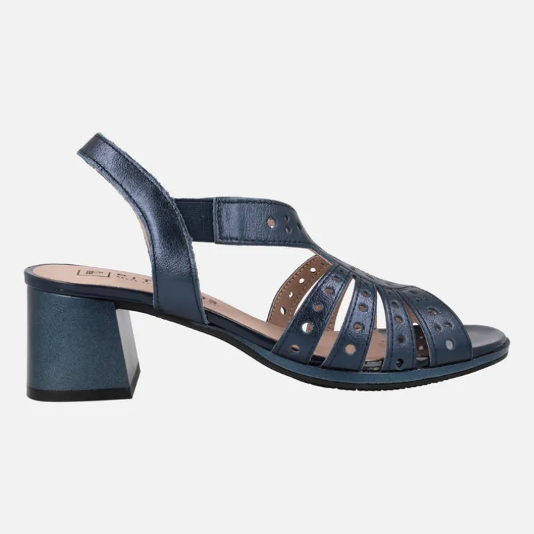 Sandalias de tacón en piel metalizada azul marino