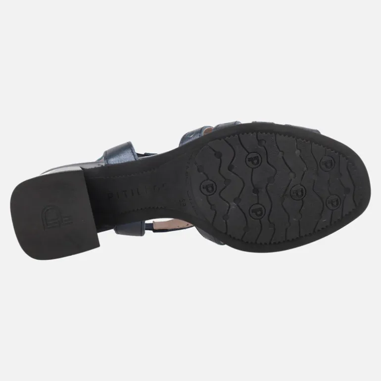 Sandalias de tacón en piel metalizada azul marino