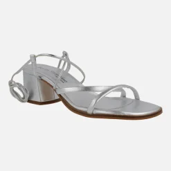 SANDALIAS DE TACÓN GRECIA EN PIEL METALIZADA CON TIRAS Y CINTAS