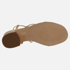 SANDALIAS DE TACÓN GRECIA EN PIEL METALIZADA CON TIRAS Y CINTAS
