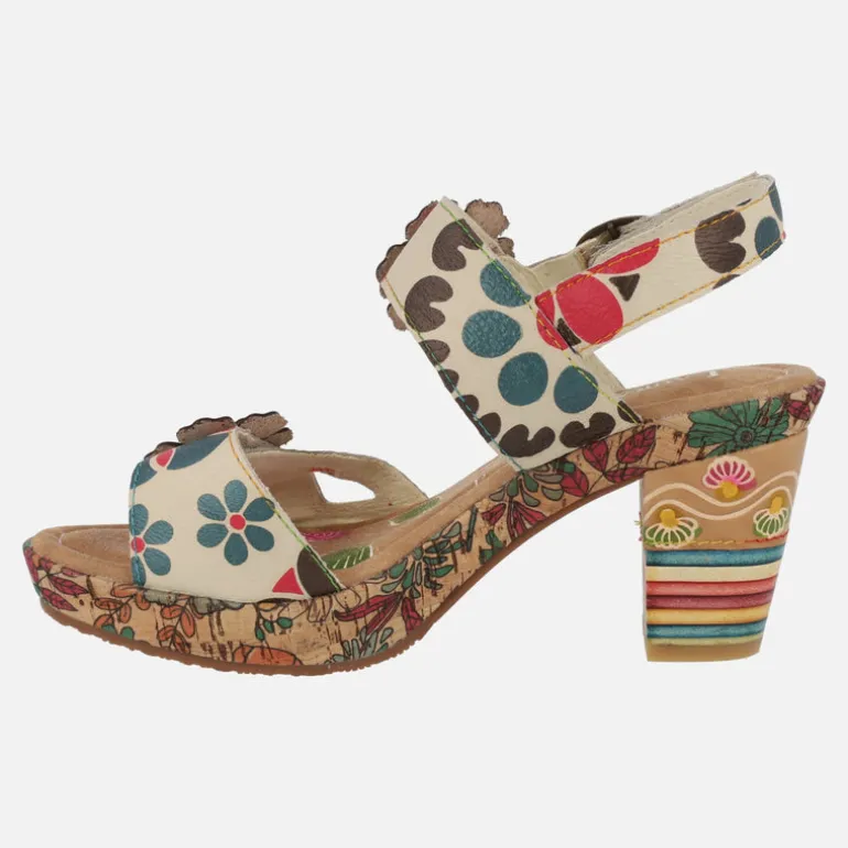 Sandalias de tacón Nellao 15 Beige con motivos florales y velcros