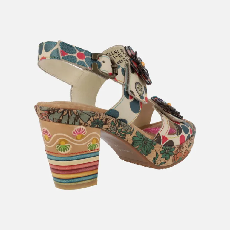 Sandalias de tacón Nellao 15 Beige con motivos florales y velcros