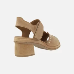 Sandalias de tacón Sena en serraje camel con cierre de velcro