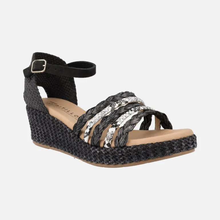 Sandalias de tiras combinadas con pulsera al tobillo y cuña de rafia