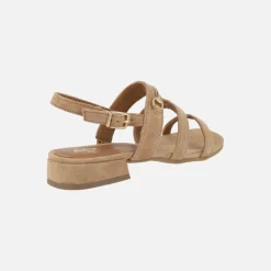Sandalias de tiras en serraje camel Amalfi con adorno metálico