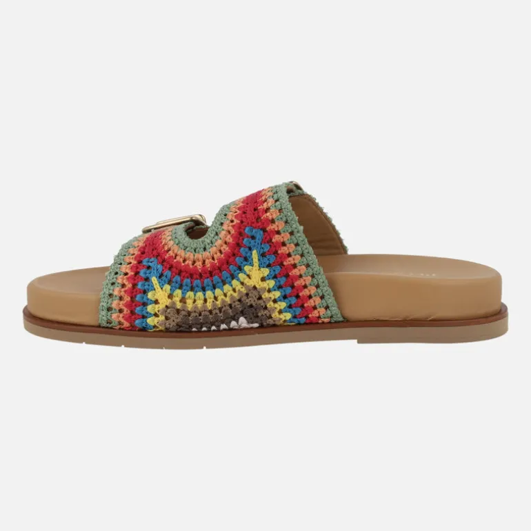 Sandalias en tejido efecto crochet multicolor con hebillas
