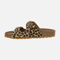 Sandalias estilo bio en piel animal print leopardo con hebillas doradas