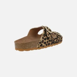 Sandalias estilo bio en piel animal print leopardo con hebillas doradas