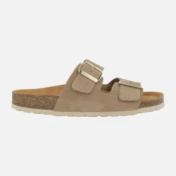 Sandalias estilo bio en serraje taupe con hebillas doradas