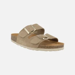 Sandalias estilo bio en serraje taupe con hebillas doradas