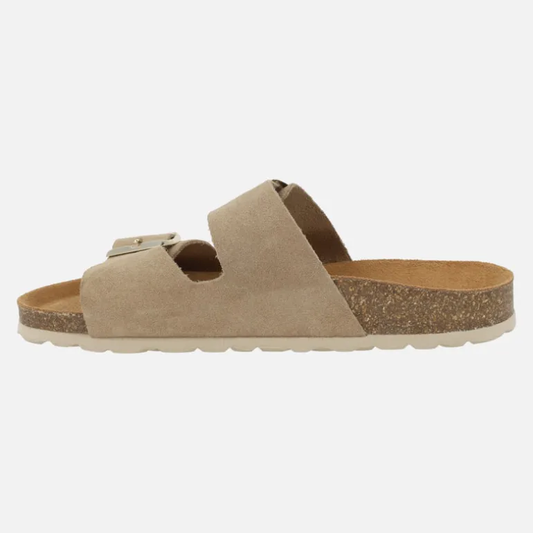 Sandalias estilo bio en serraje taupe con hebillas doradas