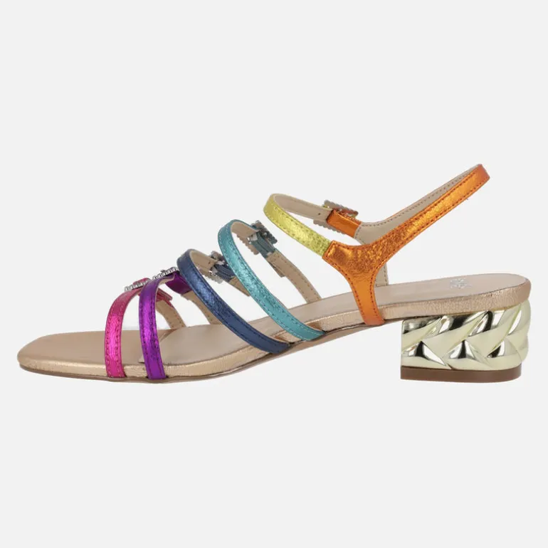 Sandalias joya Katy con tiras multicolor y tacón metálico