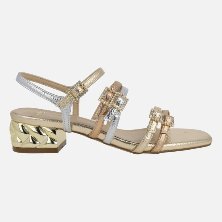Sandalias joya Katy con tiras multicolor y tacón metálico