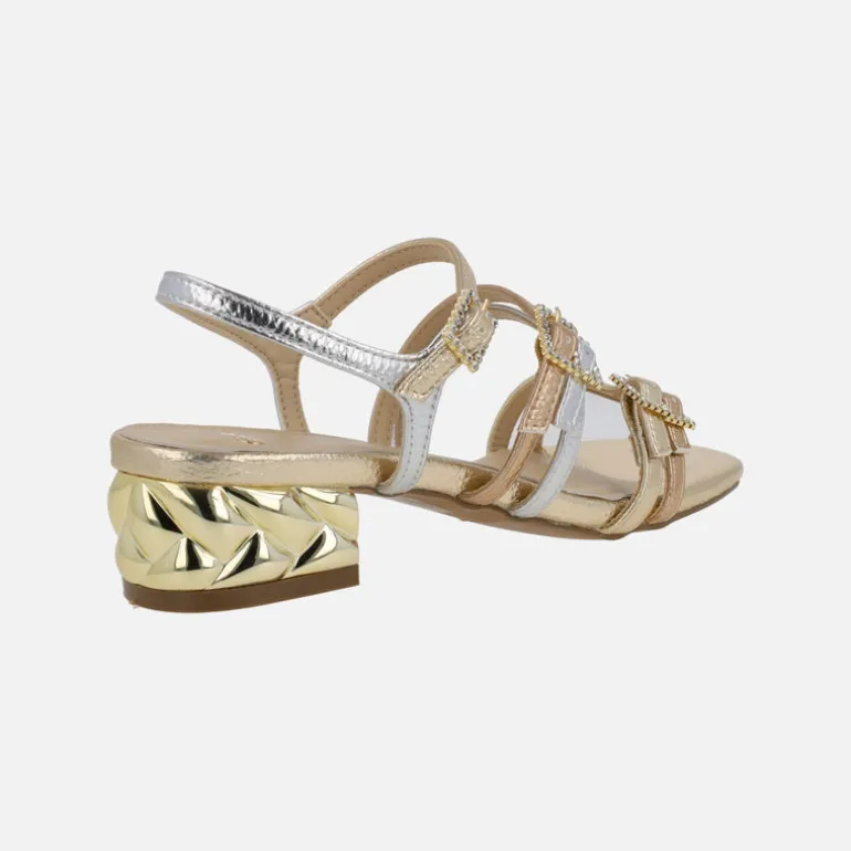 Sandalias joya Katy con tiras multicolor y tacón metálico