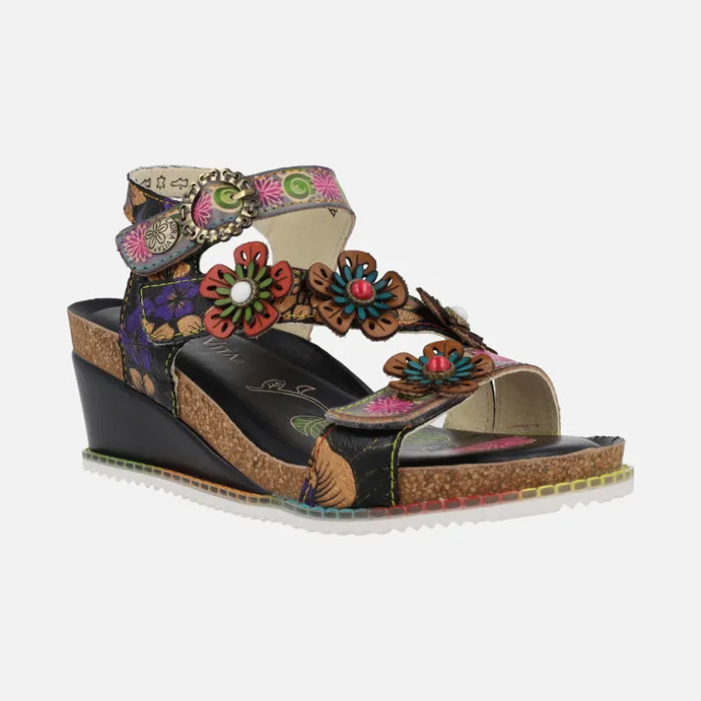 Sandalias Laura vita en piel negra con adorno de flores Bonito 524 Noir