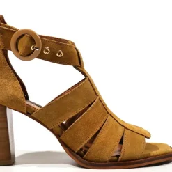 Sandalias mujer en serraje camel con tacón alto Nicola