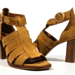 Sandalias mujer en serraje camel con tacón alto Nicola