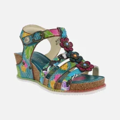Sandalias multicolor con adorno de flores y cuña de corcho Bonito 30 Turquoise