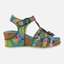 Sandalias multicolor con adorno de flores y cuña de corcho Bonito 30 Turquoise