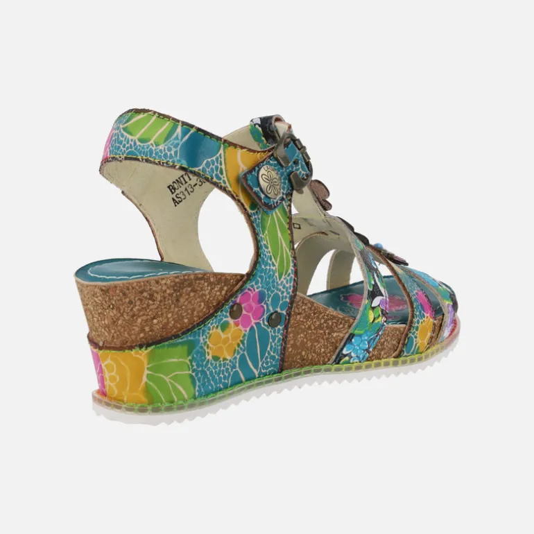 Sandalias multicolor con adorno de flores y cuña de corcho Bonito 30 Turquoise