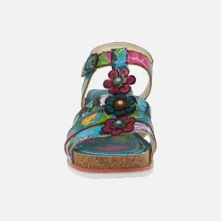 Sandalias multicolor con adorno de flores y cuña de corcho Bonito 30 Turquoise