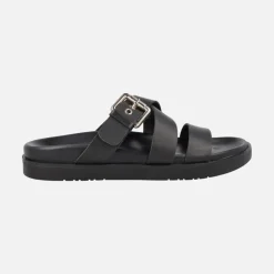 Sandalias negras de piel con tiras anchas y hebilla dorada