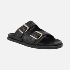 Sandalias negras de piel con dos tiras anchas con hebillas Isabela