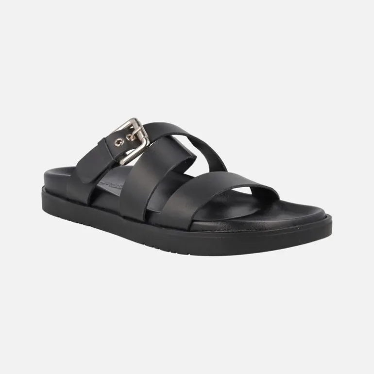 Sandalias negras de piel con tiras anchas y hebilla dorada