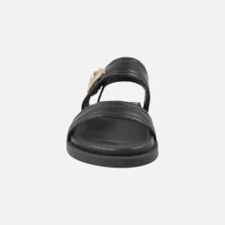 Sandalias negras de piel Isabela con adorno metálico dorado
