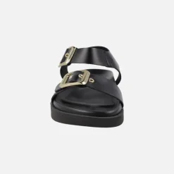 Sandalias negras de piel con hebillas y pulsera al tobillo