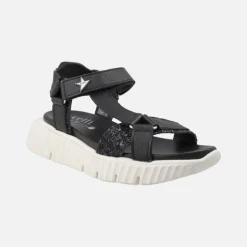 Sandalias negras en combinado de piel y glitter con cierre de velcro