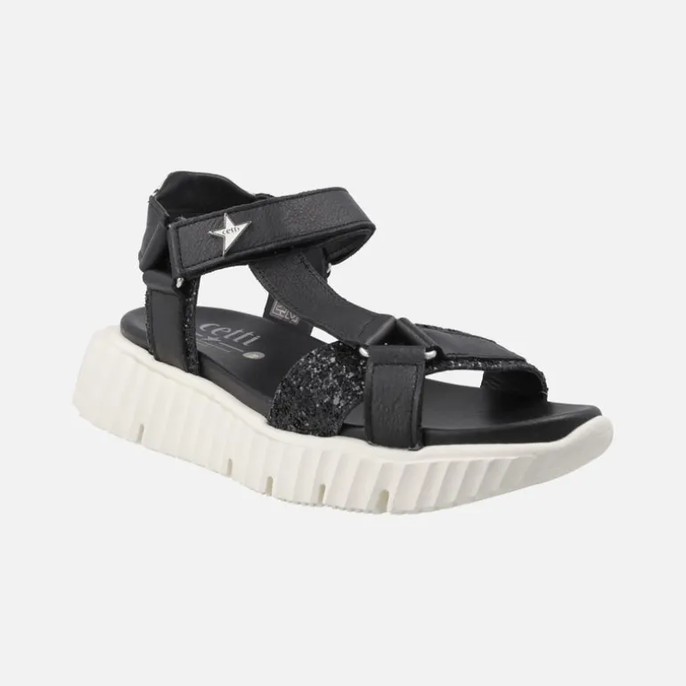 Sandalias negras en combinado de piel y glitter con cierre de velcro