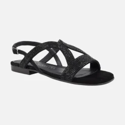 Sandalias negras planas con cobertura de strass