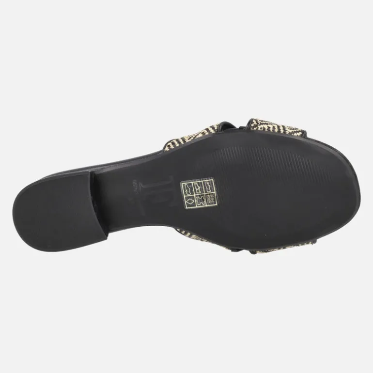 Sandalias pala en rafia beige y negra con tacones bajos