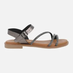 Sandalias planas con tiras de strass y pulsera al tobillo con hebilla