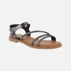 Sandalias planas con tiras de strass y pulsera al tobillo con hebilla