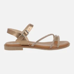 Sandalias planas con tiras de strass y pulsera al tobillo con hebilla