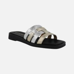 Sandalias planas de piel en combinado de metalizados