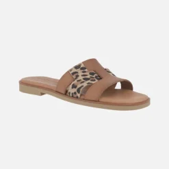 Sandalias planas de piel Alysa con detalles en animal print leopardo